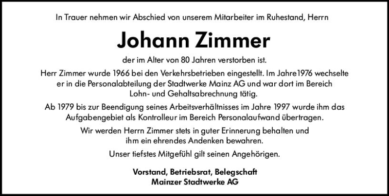  Traueranzeige für Johann Zimmer vom 24.08.2019 aus vrm-trauer