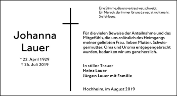 Traueranzeige von Johanna Lauer von vrm-trauer