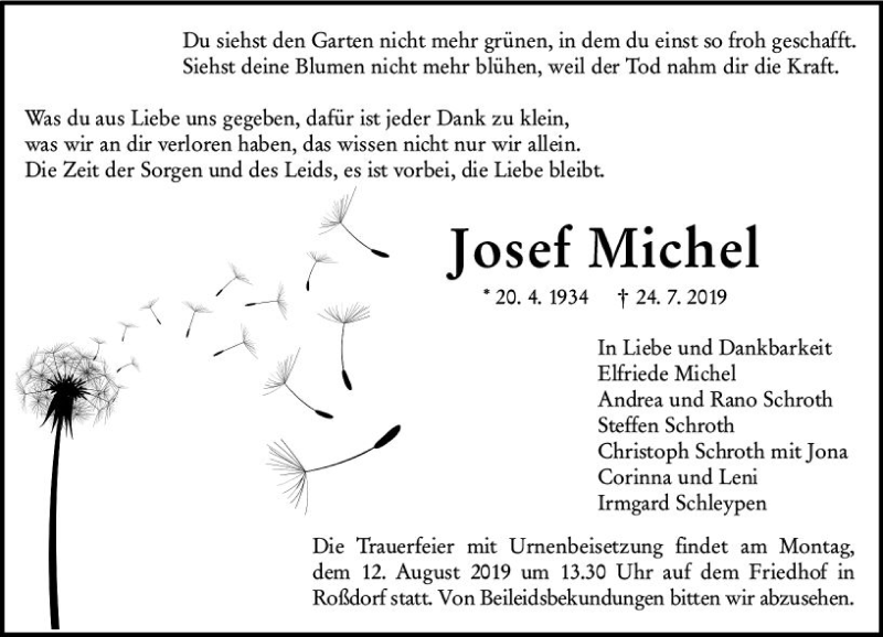  Traueranzeige für Josef Michel vom 03.08.2019 aus vrm-trauer