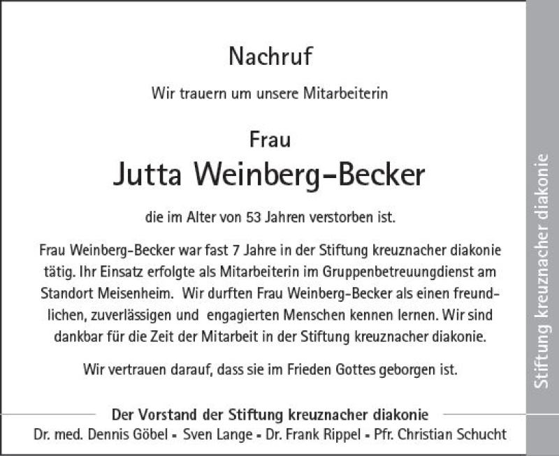  Traueranzeige für Jutta Weinberg-Becker vom 15.08.2019 aus vrm-trauer
