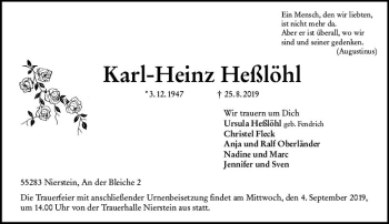 Traueranzeige von Karl-Heinz Heßlöhl von vrm-trauer