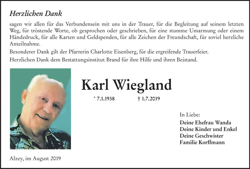  Traueranzeige für Karl Wiegland vom 10.08.2019 aus vrm-trauer