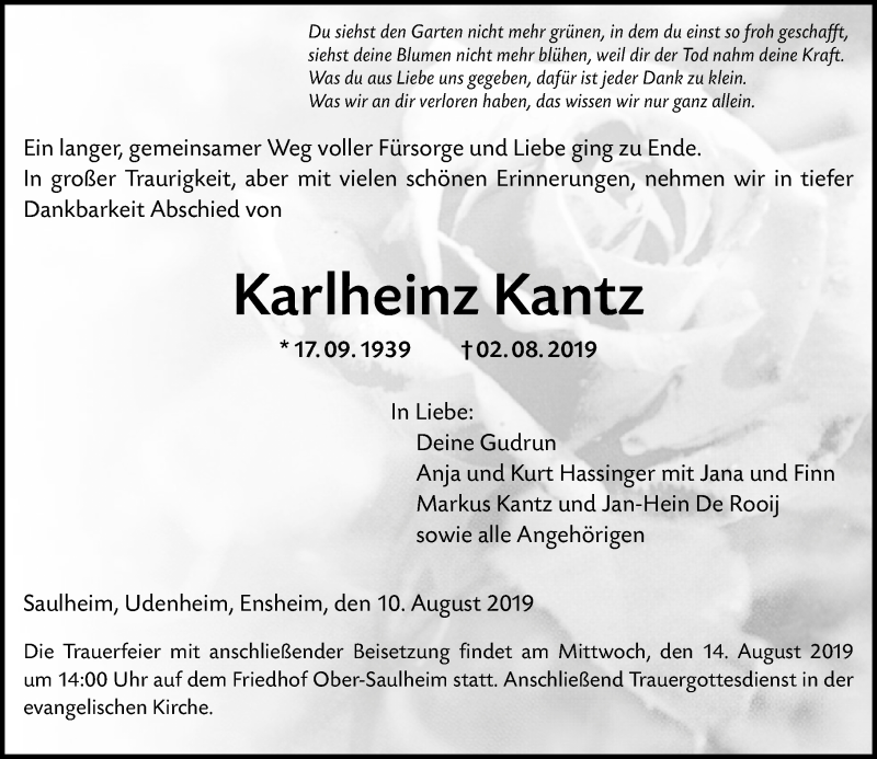  Traueranzeige für Karlheinz Kantz vom 10.08.2019 aus vrm-trauer