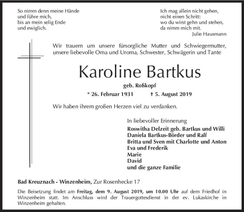  Traueranzeige für Karoline Bartkus vom 08.08.2019 aus vrm-trauer