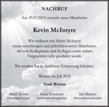 Traueranzeige von Kevin McIntyre von vrm-trauer