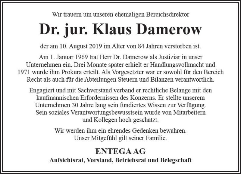  Traueranzeige für Klaus Damerow vom 24.08.2019 aus vrm-trauer