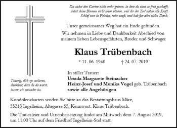 Traueranzeige von Klaus Trübenbach von vrm-trauer