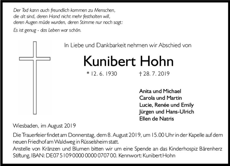  Traueranzeige für Kunibert Hohn vom 03.08.2019 aus vrm-trauer