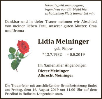 Traueranzeige von Lidia Meininger von vrm-trauer