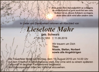 Traueranzeige von Lieselotte Mahr von vrm-trauer