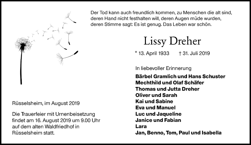  Traueranzeige für Lissy Dreher vom 10.08.2019 aus vrm-trauer