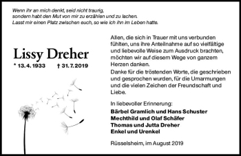 Traueranzeige von Lissy Dreher von vrm-trauer