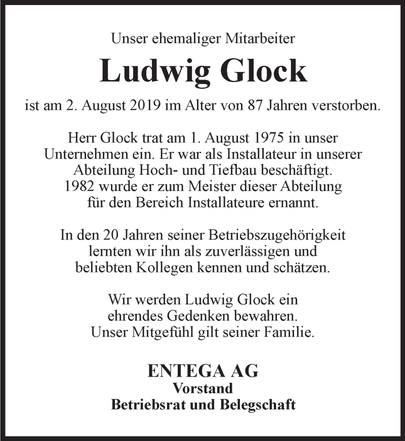  Traueranzeige für Ludwig Glock vom 10.08.2019 aus vrm-trauer