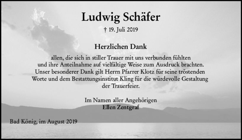  Traueranzeige für Ludwig Schäfer vom 31.08.2019 aus vrm-trauer