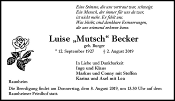 Traueranzeige von Luise Becker von vrm-trauer
