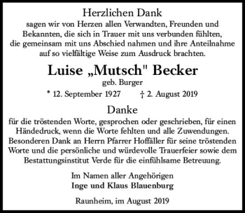 Traueranzeige von Luise Becker von vrm-trauer