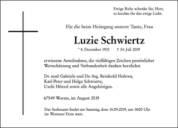 Traueranzeige von Luzie Schwiertz von vrm-trauer
