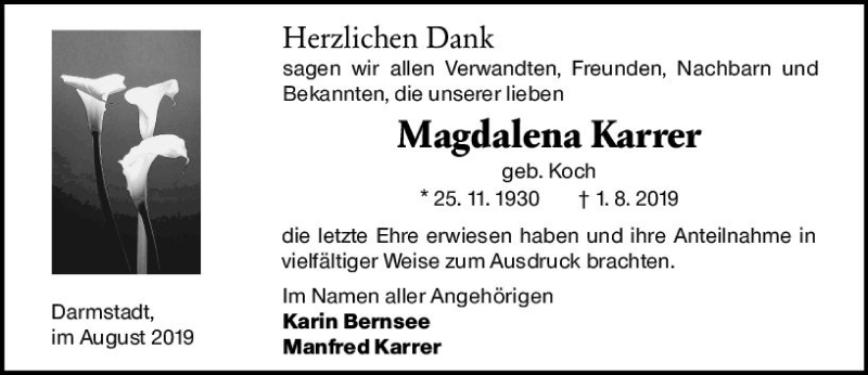  Traueranzeige für Magdalena Karrer vom 31.08.2019 aus vrm-trauer