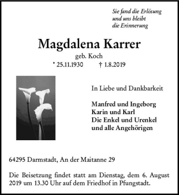 Traueranzeige von Magdalena Karrer von vrm-trauer