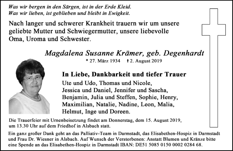  Traueranzeige für Magdalena Susanne  Krämer vom 10.08.2019 aus vrm-trauer