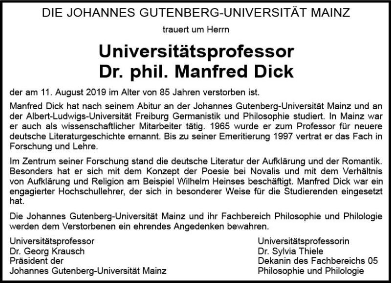  Traueranzeige für Manfred Dick vom 31.08.2019 aus vrm-trauer
