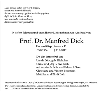 Traueranzeige von Manfred Dick von vrm-trauer