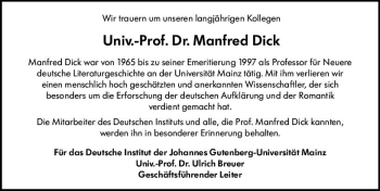Traueranzeige von Manfred Dick von vrm-trauer