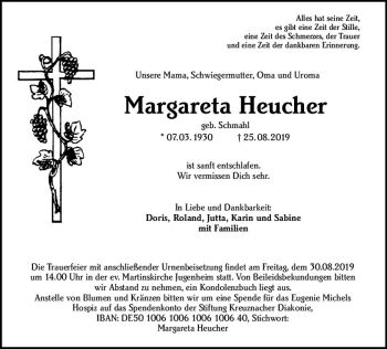 Traueranzeige von Margareta Heucher von vrm-trauer