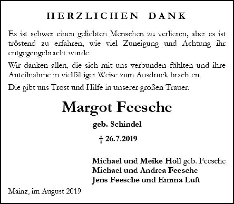 Traueranzeige für Margot Feesche vom 17.08.2019 aus vrm-trauer