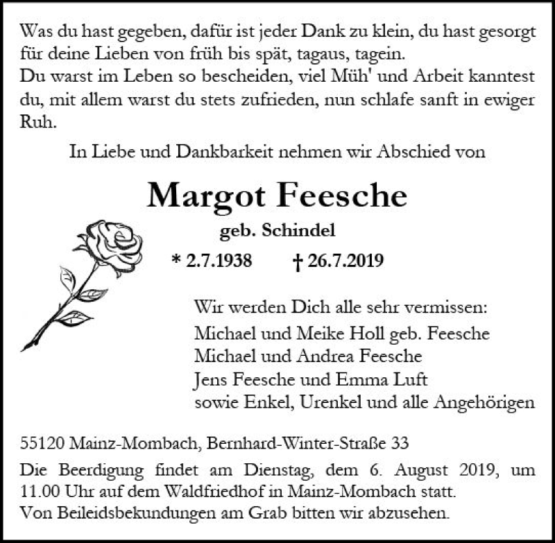  Traueranzeige für Margot Feesche vom 03.08.2019 aus vrm-trauer