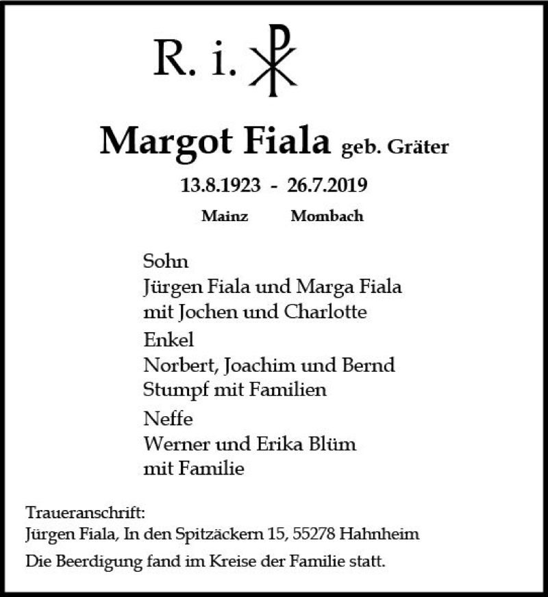  Traueranzeige für Margot Fiala vom 03.08.2019 aus vrm-trauer