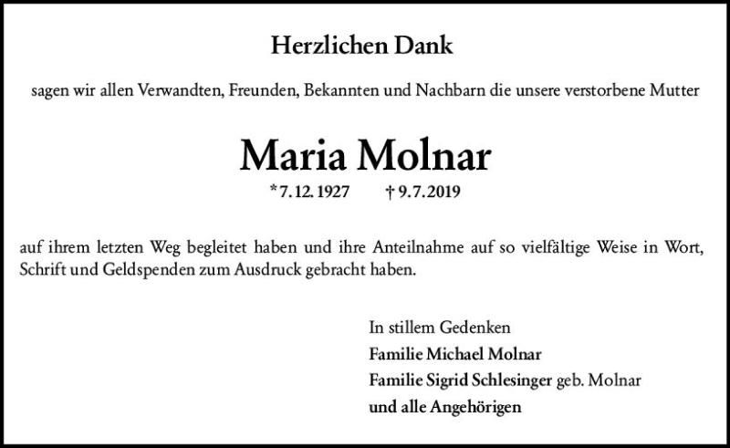  Traueranzeige für Maria Molnar vom 03.08.2019 aus vrm-trauer