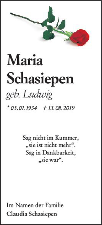 Traueranzeige von Maria Schasiepen von vrm-trauer