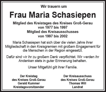 Traueranzeige von Maria Schasiepen von vrm-trauer