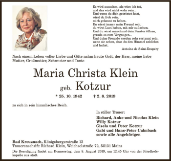 Traueranzeige von Maria Christa Klein von vrm-trauer