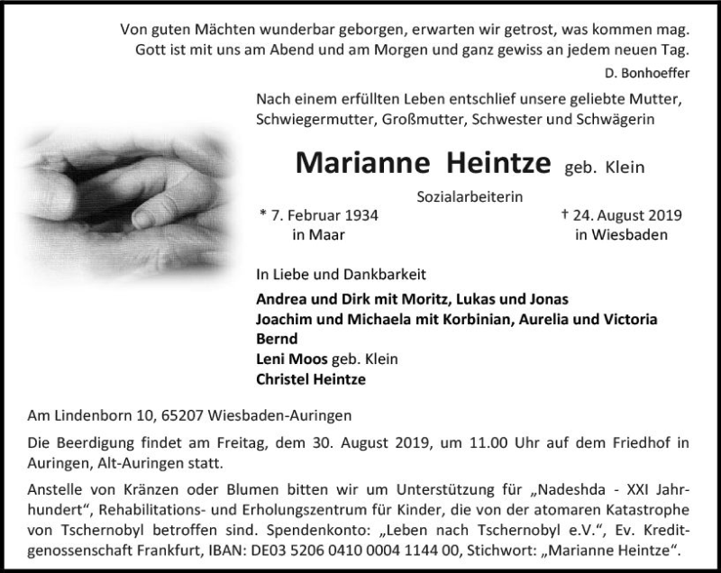  Traueranzeige für Marianne Heintze vom 28.08.2019 aus vrm-trauer