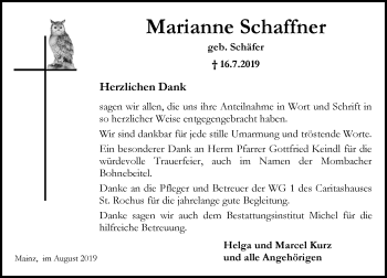 Traueranzeige von Marianne Schaffner von vrm-trauer