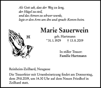 Traueranzeige von Marie Sauerwein von vrm-trauer