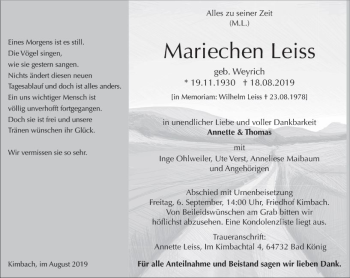 Traueranzeige von Mariechen Leiss von vrm-trauer