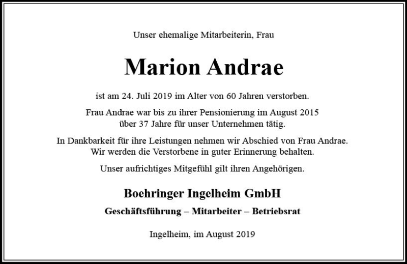  Traueranzeige für Marion Andrae vom 21.08.2019 aus vrm-trauer