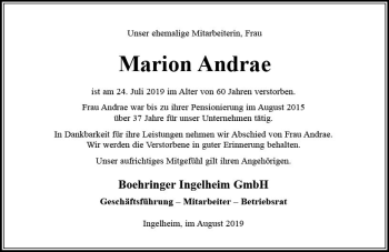 Traueranzeige von Marion Andrae von vrm-trauer