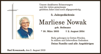Traueranzeige von Marliese Nowak von vrm-trauer
