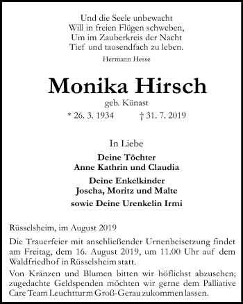 Traueranzeige von Monika Hirsch von vrm-trauer