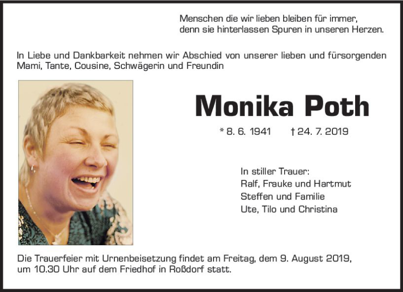  Traueranzeige für Monika Poth vom 03.08.2019 aus vrm-trauer