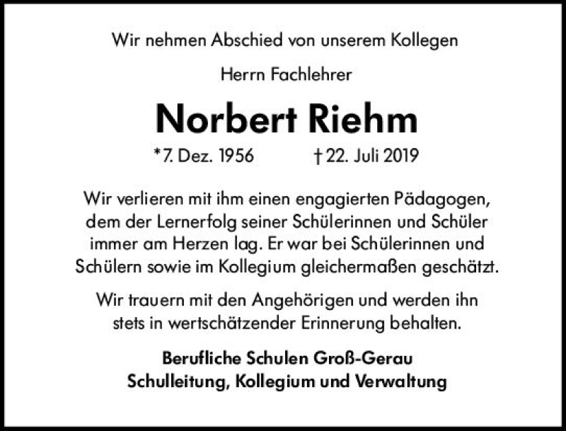  Traueranzeige für Norbert Riehm vom 17.08.2019 aus vrm-trauer