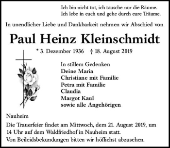 Traueranzeige von Paul Heinz Kleinschmidt von vrm-trauer
