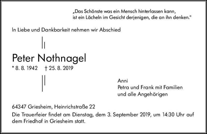  Traueranzeige für Peter Nothnagel vom 31.08.2019 aus vrm-trauer