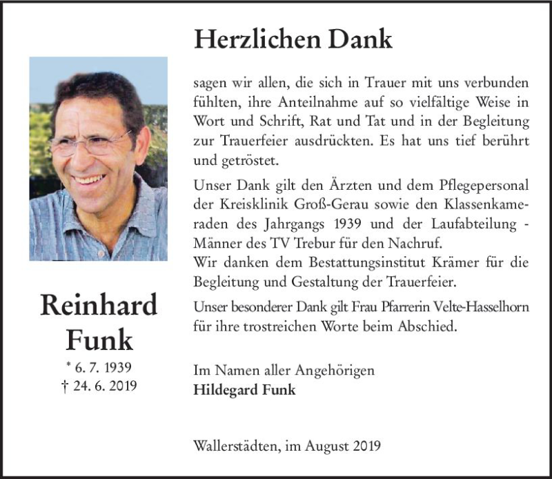  Traueranzeige für Reinhard Funk vom 03.08.2019 aus vrm-trauer