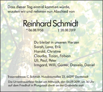 Traueranzeige von Reinhard Schmidt von vrm-trauer