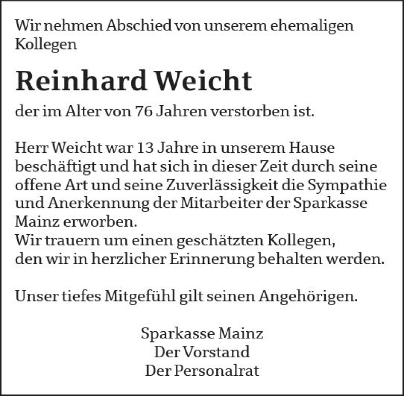  Traueranzeige für Reinhard Weicht vom 17.08.2019 aus vrm-trauer